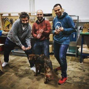 Left to right: David Cuartielles, me and Marc Sibila at SokoTech. Uma is the canine in residence.